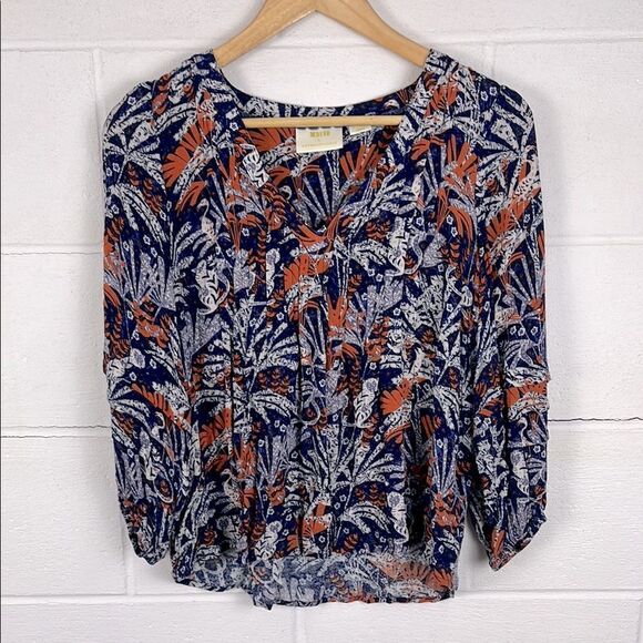 Anthropologie Maeve Cathy pleated v-neck jungle bird print blouse - Picture 1 of 7